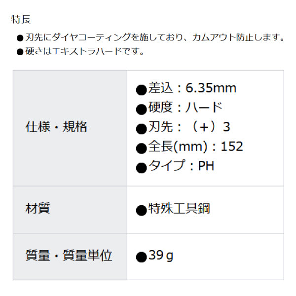 日本正規品 ヴェラ  #3x152mm (プラス)ドライバービット(ダイヤ付) (134948)(4013288195784) ベラ Wera