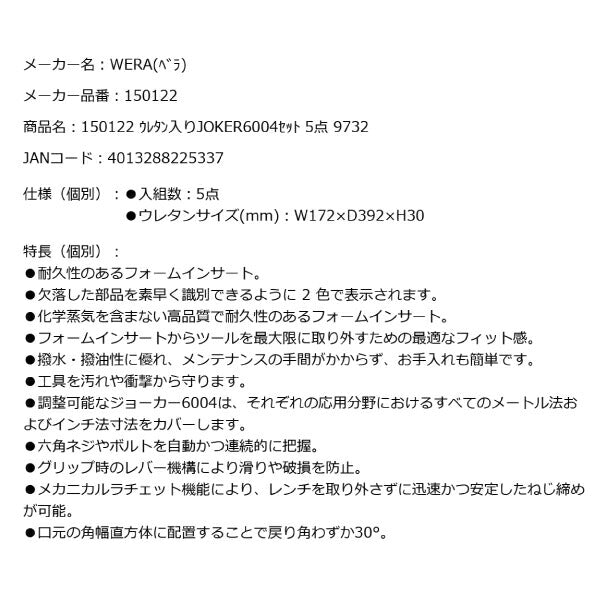 日本正規品 Wera 150122 9732 ウレタン収納入りJOKER6004セット 5点セット ジョーカーセット 05150122001 ヴェラ ベラ ツールセット