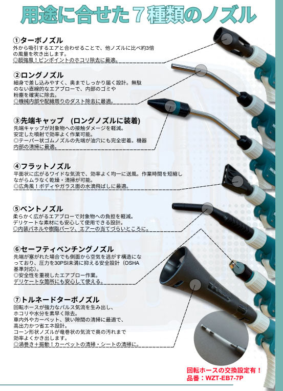 [26SS新商品] ワザアリツールズ エアブロセブン WZT-EB7 7種ノズル付 エアブローガンセット (4582240837050) MOBILY