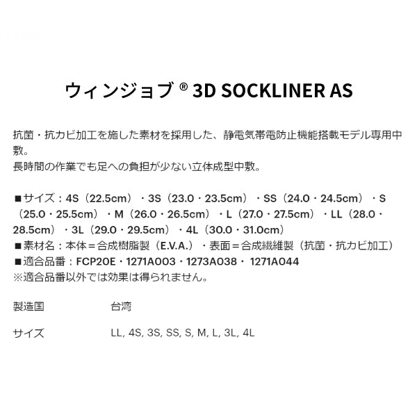 アシックス ウィンジョブ3Ｄ SOCKLINER AS 1273A075.001 静電気帯電防止機能搭載モデル専用中敷 インナーソール インソール ASICS