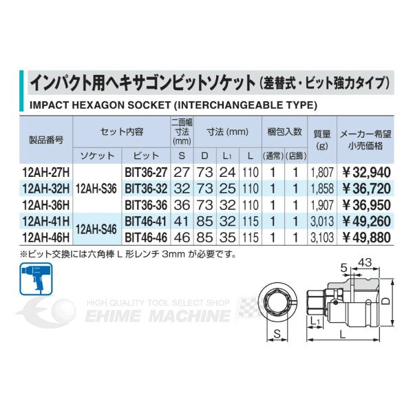 TONE インパクト用ヘキサゴンソケット（差替式） 12ah-36h【エヒメマシン】