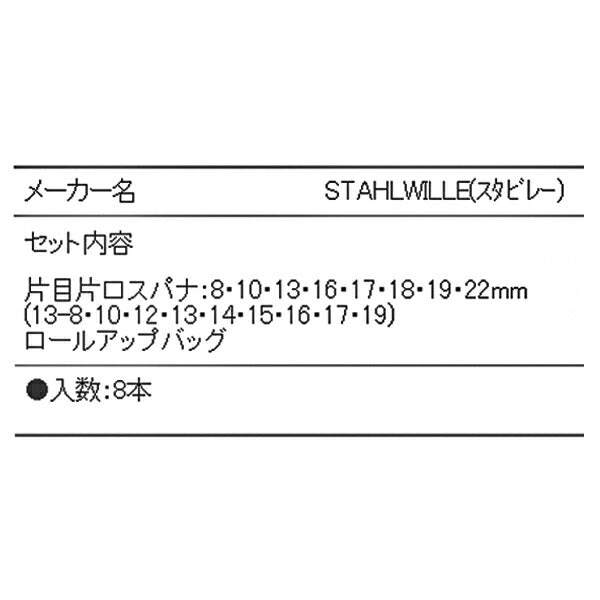 【4月の特価品】STAHLWILLE 13/8 片目片口スパナセット 8本セット スタビレー