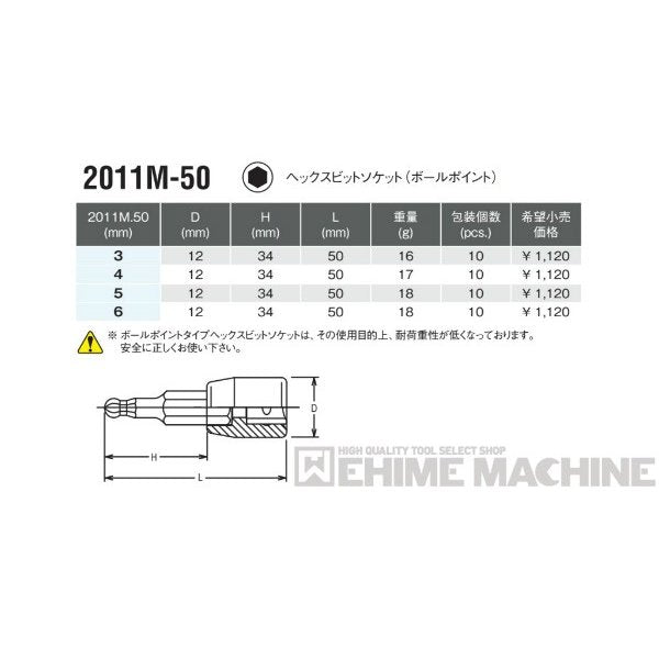 コーケン 2011M-50-5 6.3sq. ハンドソケット ヘックスビットソケット(ボールポイント) Ko-ken 工具