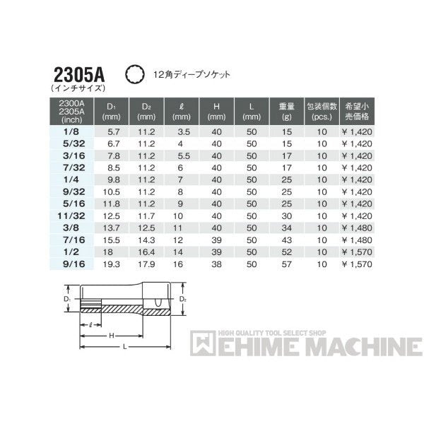 コーケン 2305A-3/16 インチサイズ 6.3sq. ハンドソケット 12角ディープソケット Ko-ken 工具