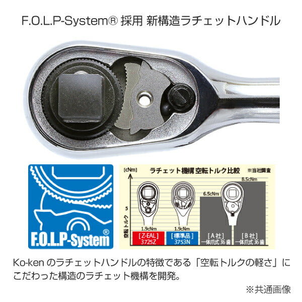 コーケン Z-EAL 9.5sq. 首振りラチェットハンドル （スリム／プッシュボタン式）2726ZB-3/8(L160) Ko-ken 工具  山下工業研究所 3/8