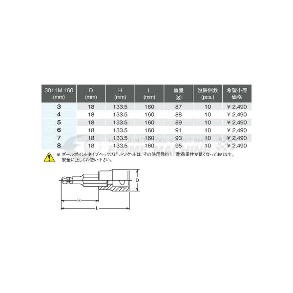 コーケン 3011M-160-4 9.5sq. ハンドソケット ヘックスビットソケット