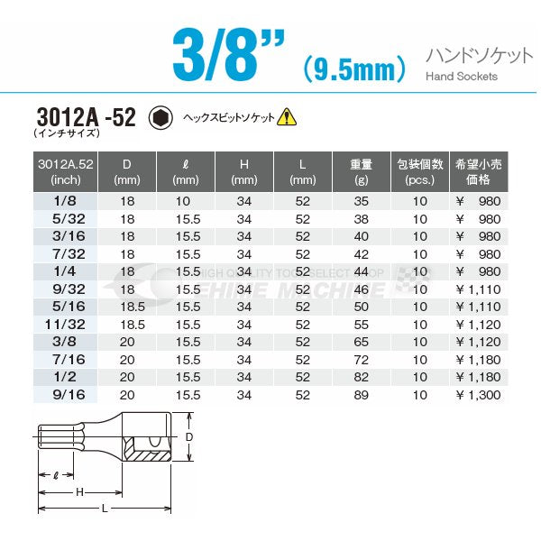 コーケン 3012A-52-11/32 インチサイズ 9.5sq. ヘックスビットソケット