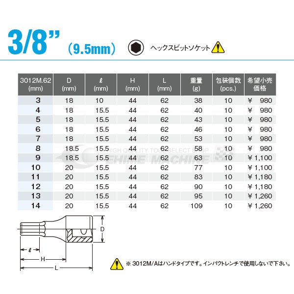 コーケン 3012M-62-6 サイズ6mm 9.5sq. ヘックスビットソケット Ko-ken