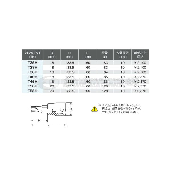 コーケン 3025-160-T50H 9.5sq. ハンドソケット イジリ止めトルクスビットソケット Ko-ken 工具