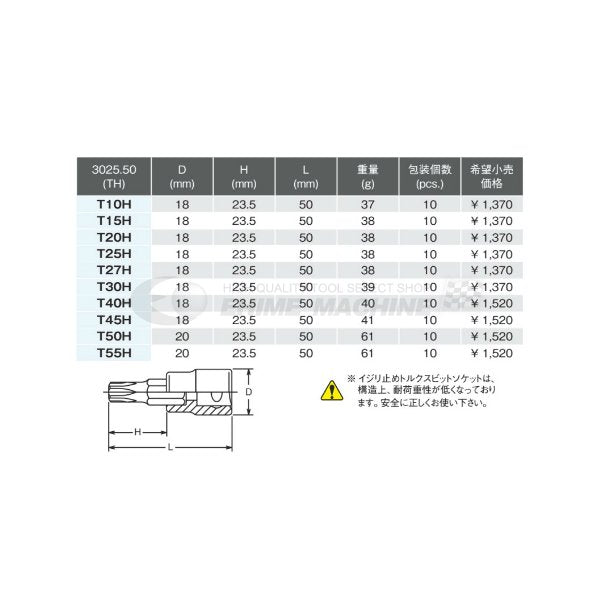 コーケン 3025-50-T40H 9.5sq. ハンドソケット イジリ止めトルクスビットソケット Ko-ken 工具