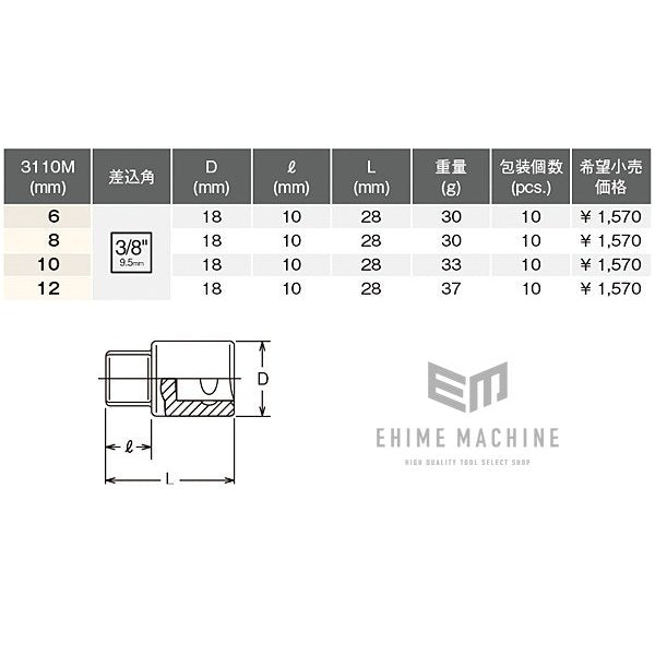 コーケン 9.5sq. ドレンプラグソケット 3110M-12 Ko-ken 工具