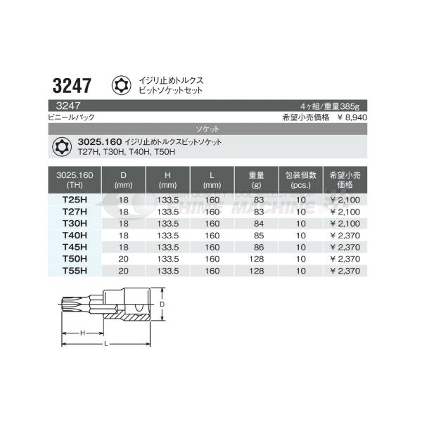 コーケン 3247 9.5sq. ハンドソケット イジリ止めトルクスビットソケットセット Ko-ken 工具