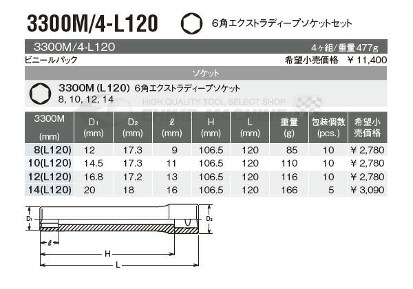 コーケン 3300M/4-L120 9.5sq. 六角エクストラディープソケットセット Ko-ken 工具