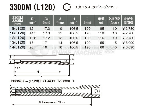 コーケン 3300M-L120-8 サイズ8mm 9.5sq. 六角エクストラディープソケット Ko-ken 工具
