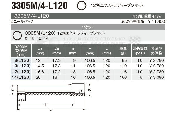 コーケン 3305M/4-L120 9.5sq. 十二角エクストラディープソケットセット Ko-ken 工具
