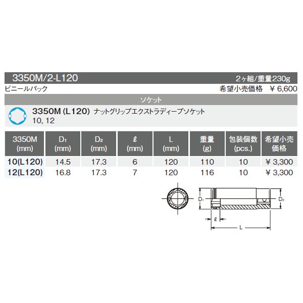 コーケン 9.5sq. ナットグリップエクストラディープソケット 3350M-L120-12 Ko-ken 工具