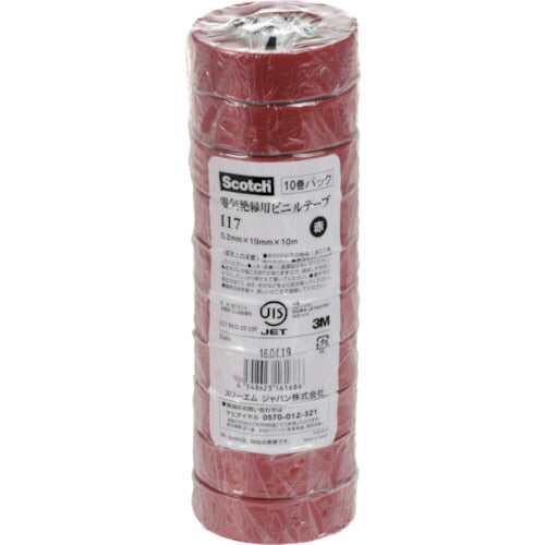 3M ビニールテープ 117 赤 19mmX10m 10巻入り 117RED1010P スリーエム