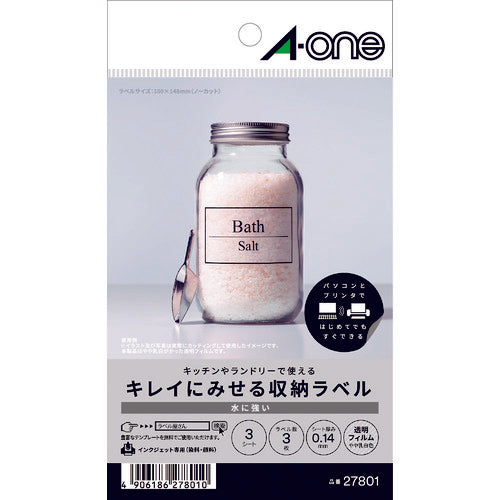 3M エーワン キレイにみせる収納ラベル インクジェット 透明フィルム A6 1面 1袋(3シート入) 27801 スリーエム