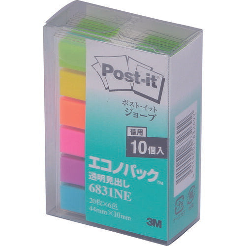 3M ポスト･イット ジョーブ透明見出し エコノパック 44X10mm 120枚X10パッド 6色混色 6831NE スリーエム