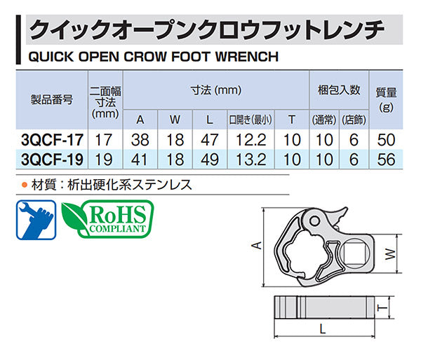 TONE クイックオープンクロウフットレンチ 9.5sq. 19mm 3QCF-19 トネ 工具