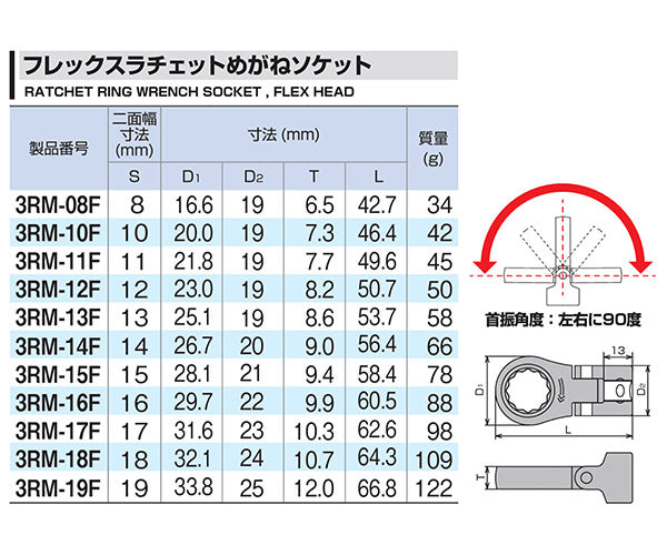 TONE フレックスラチェットめがねソケット 対辺寸法8mm 差込角9.5mm (3RM-08F)(4953488417296) トネ
