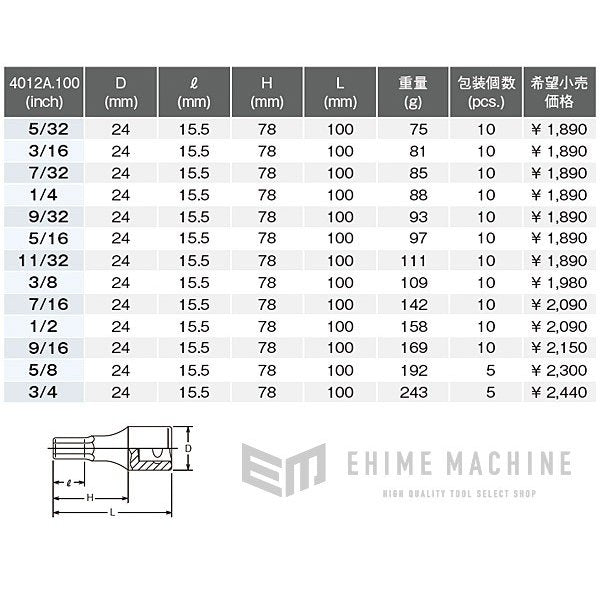 コーケン 4012A-100-5/32 12.7sq. インチサイズ ハンドソケット ヘックスビットソケット Ko-ken 工具