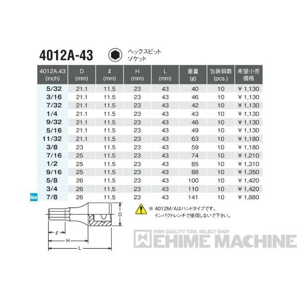 コーケン 4012A-43-3/8 12.7sq. インチサイズ ハンドソケット ヘックスビットソケット Ko-ken 工具