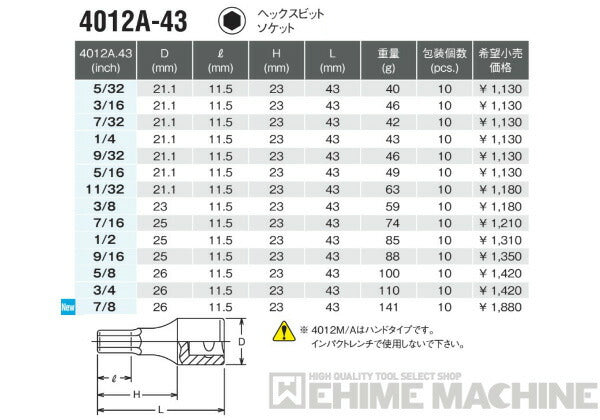 コーケン 4012A-43-5/32 12.7sq. インチサイズ ハンドソケット ヘックスビットソケット Ko-ken 工具