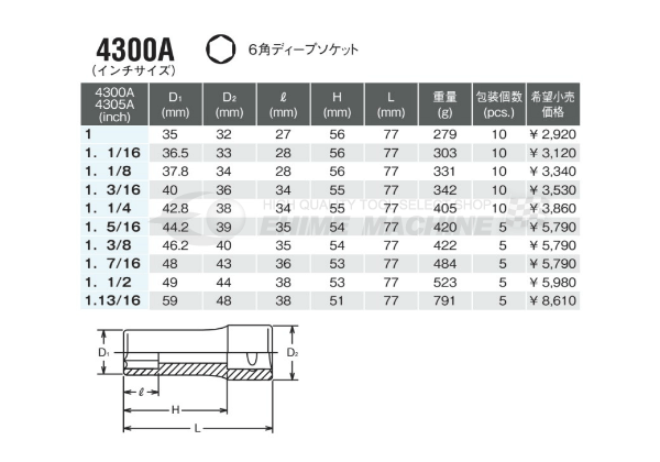 コーケン 4300A-5/16 インチサイズ 12.7sq. ハンドソケット 6角ディープソケット Ko-ken 工具