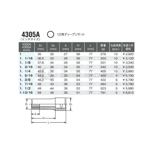 コーケン 4305A-1.3/8 インチサイズ 12.7sq. ハンドソケット 12角ディープソケット Ko-ken 工具