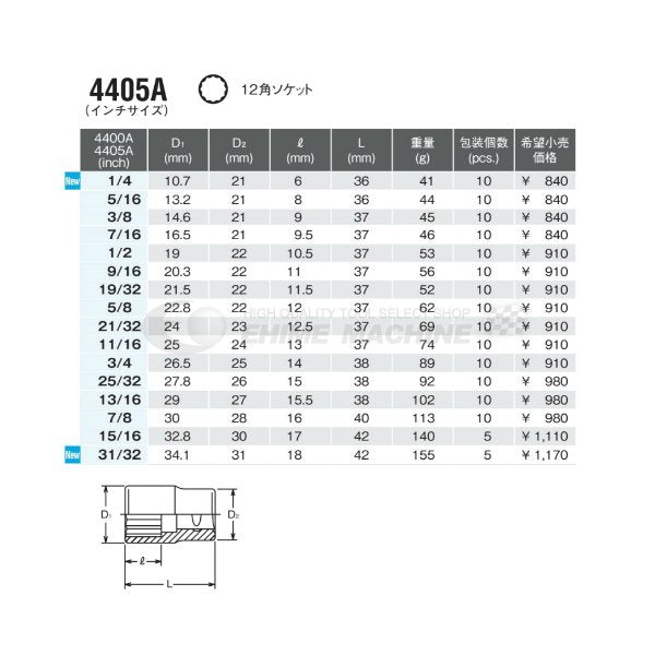 コーケン 4405A-1.1/2 インチサイズ 12.7sq. ハンドソケット 12角ソケット Ko-ken 工具