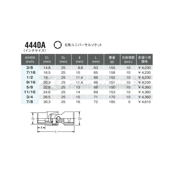 コーケン 4440A-3/8 インチサイズ 12.7sq. ハンドソケット 6角ユニバーサルソケット Ko-ken 工具