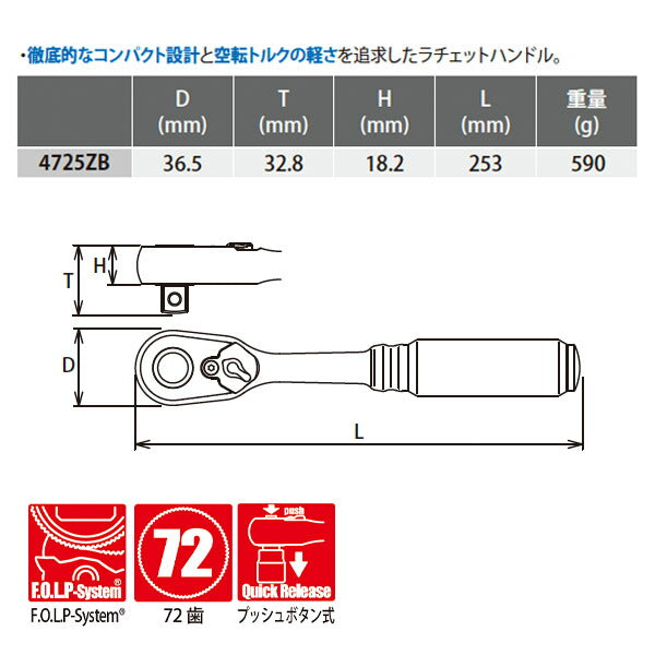 コーケン Z-EAL 12.7sq. ラチェットハンドル （プッシュボタン式）4725ZB Ko-ken 工具 山下工業研究所 1/2" 12.7mm 72歯