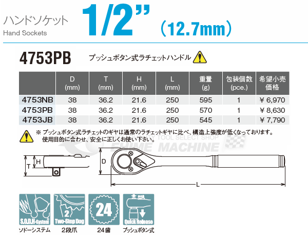コーケン 4753PB 12.7sq. プッシュボタン式ラチェットハンドル Ko-ken 工具