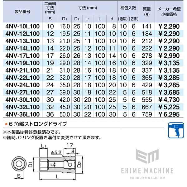 TONE インパクト用超ロングソケット 17mm 4nv-17l100【エヒメマシン】