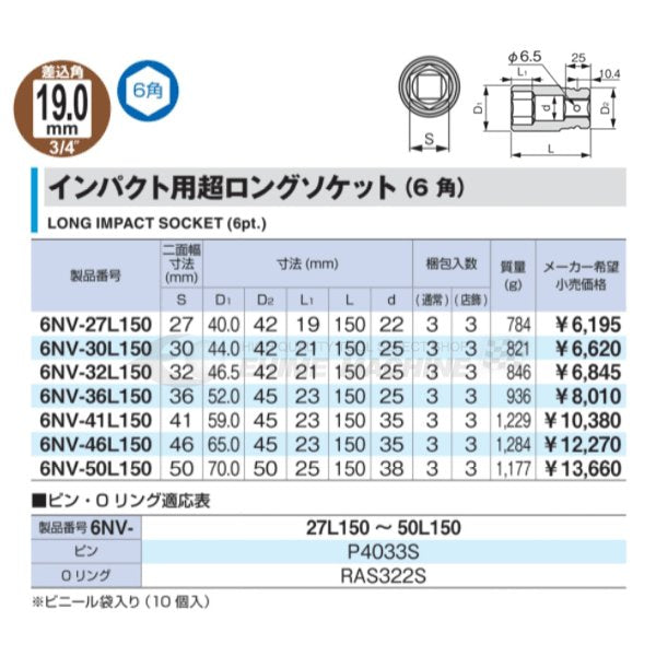 TONE インパクト用超ロングソケット 46mm 6nv-46l150【エヒメマシン】