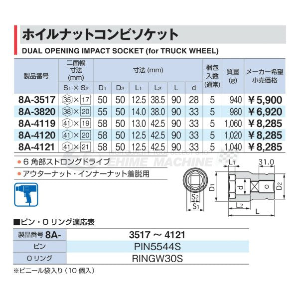 TONE インパクト用ホイルナットコンビソケット 8a-4121【エヒメマシン】