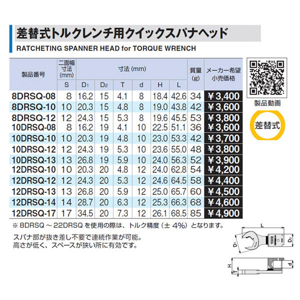 TONE 8DRSQ-08 差替式トルクレンチ用クイックスパナヘッド トネ