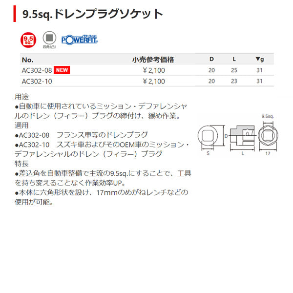 KTC 9.5sq.ドレンプラグソケット AC302-08