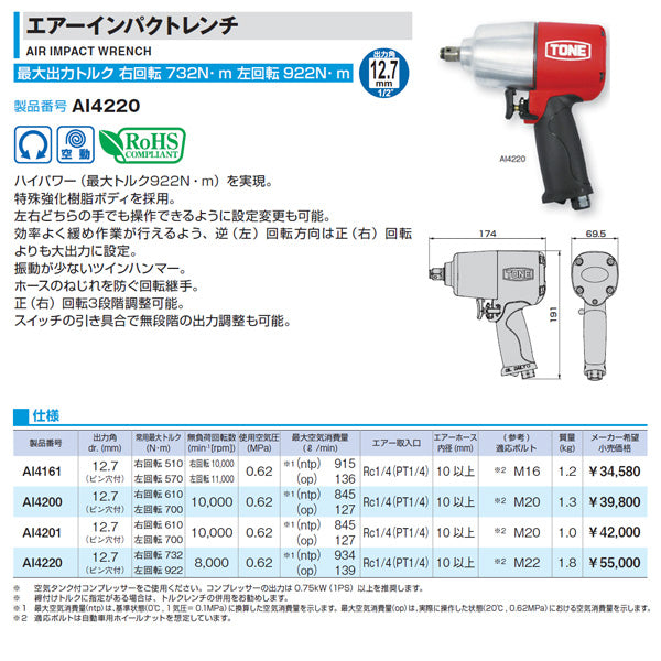 TONE エアーインパクトレンチ ai4220【エヒメマシン】 TONE エアーインパクトレンチ ai4220【エヒメマシン】