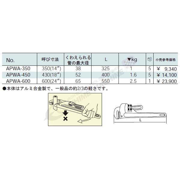 KTC アルミ合金製パイプレンチ apwa-350【エヒメマシン】