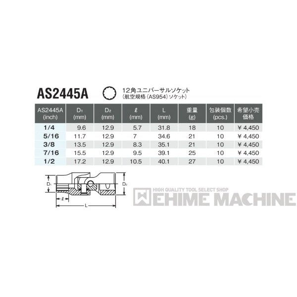 コーケン AS2445A-1/2 6.3sq. ハンドソケット 12角ユニバーサルソケット(航空規格(AS954)ソケット) Ko-ken 工具