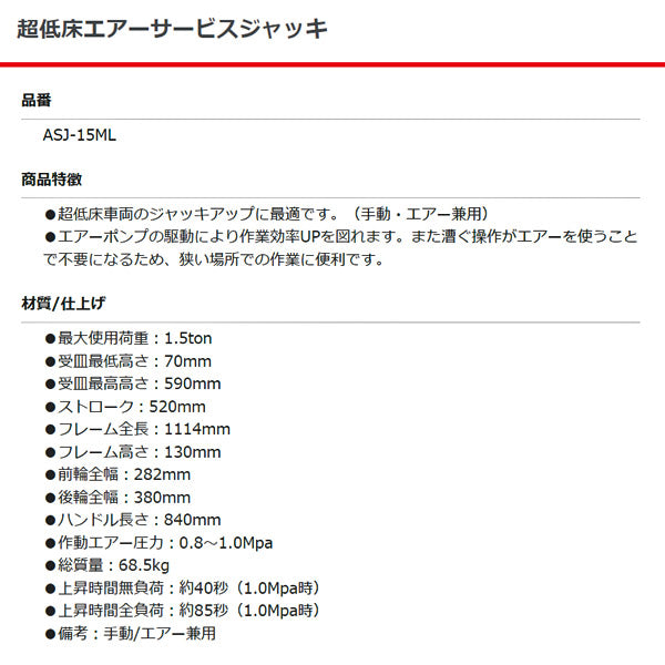 [メーカー直送業者便] マサダ 超低床エアーサービスジャッキ ASJ-15ML MASADA マサダ製作所