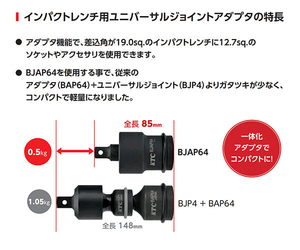 KTC 19.0sq. インパクトレンチ用ユニバーサルジョイントアダプタ BJAP64