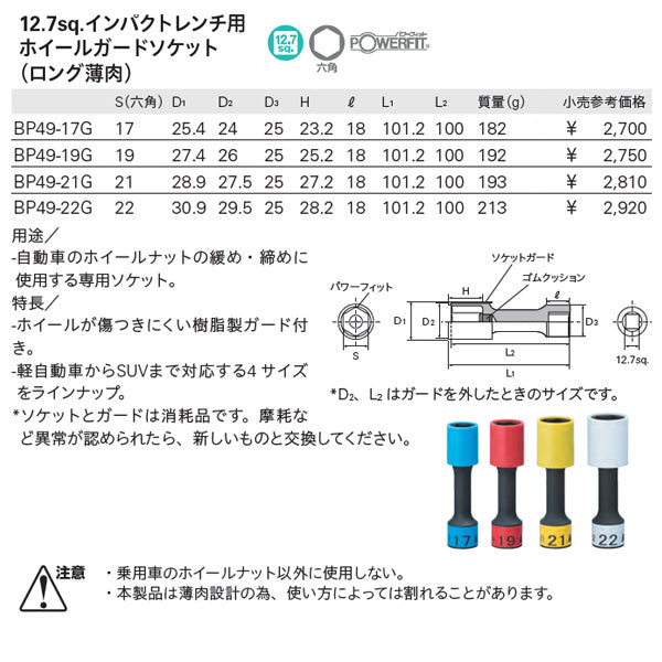 【4月の特価品】KTC BP49-21G サイズ21mm 12.7sq.インパクト用ホイールガードソケット(ロング薄肉)