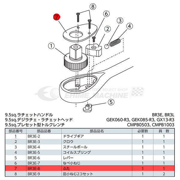 [部品・代引き不可] KTC BR3E-8 9.5sq.ラチェットヘッドリペアキット NO.7 【フタ】