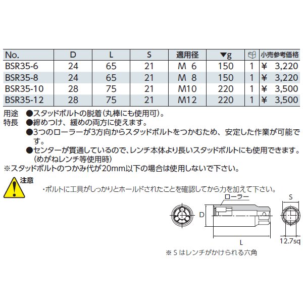 公式 KTC BSR35-6 適用径M6 12.7sq.スタッドボルトリムーバー 工具 京都機械工具