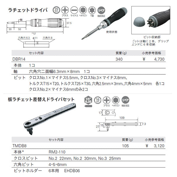 KTC ラチェットドライバー+板ラチェセット DBR14TM-2P(DBR14,TMDB8) エヒメマシンオリジナルセット