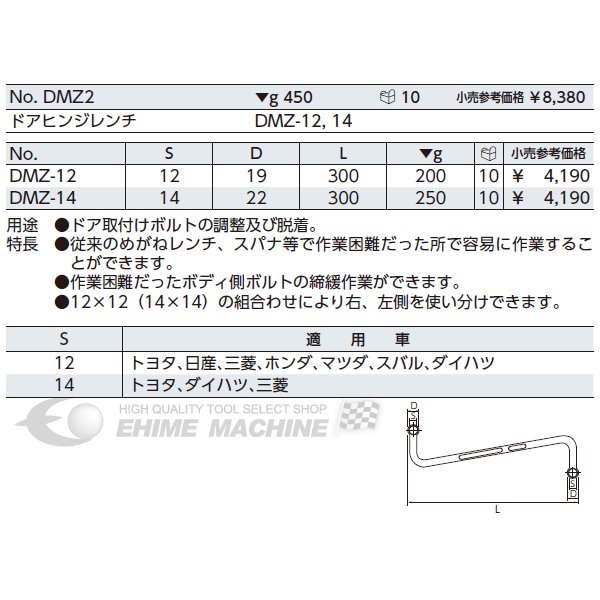 KTC ドアヒンジレンチ dmz-12【工具のことならエヒメマシン】