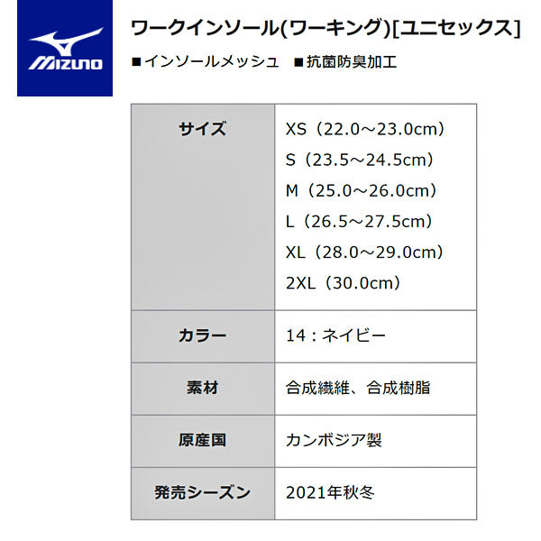 ミズノ ワークインソール F1GU220014 抗菌防臭加工 MIZUNO 中敷き ネイビー 紺 安全靴